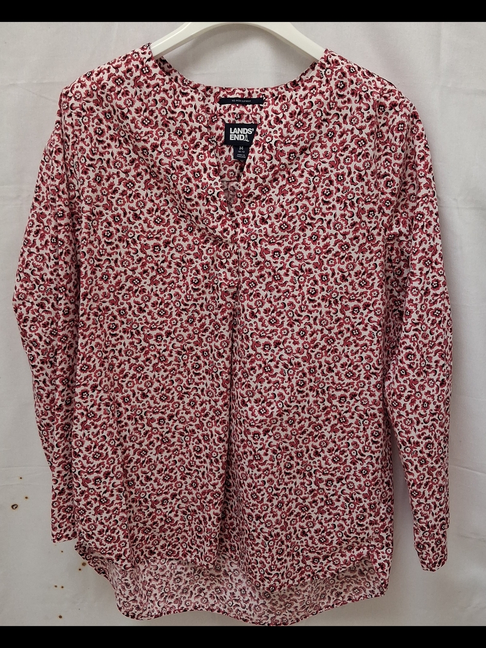 Lands End Womens Red Floral No Iron Supima Cotton V-Neck Tunic Blouse M 10-12 - Picture 1 of 5